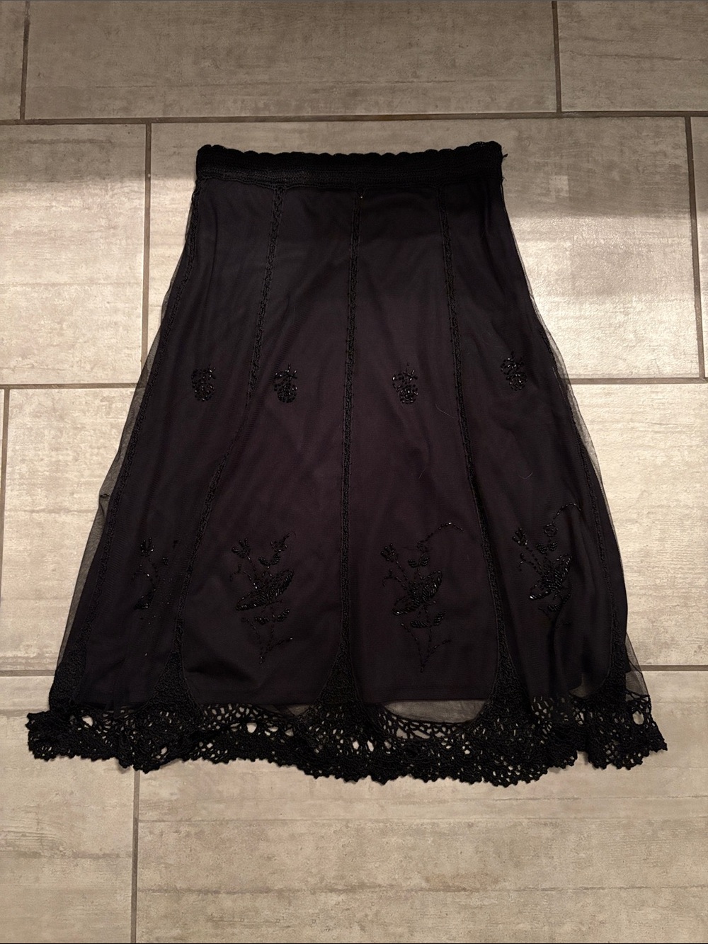 Black A-Line Midi Skirt with Beaded Embroidery and Crochet Hem